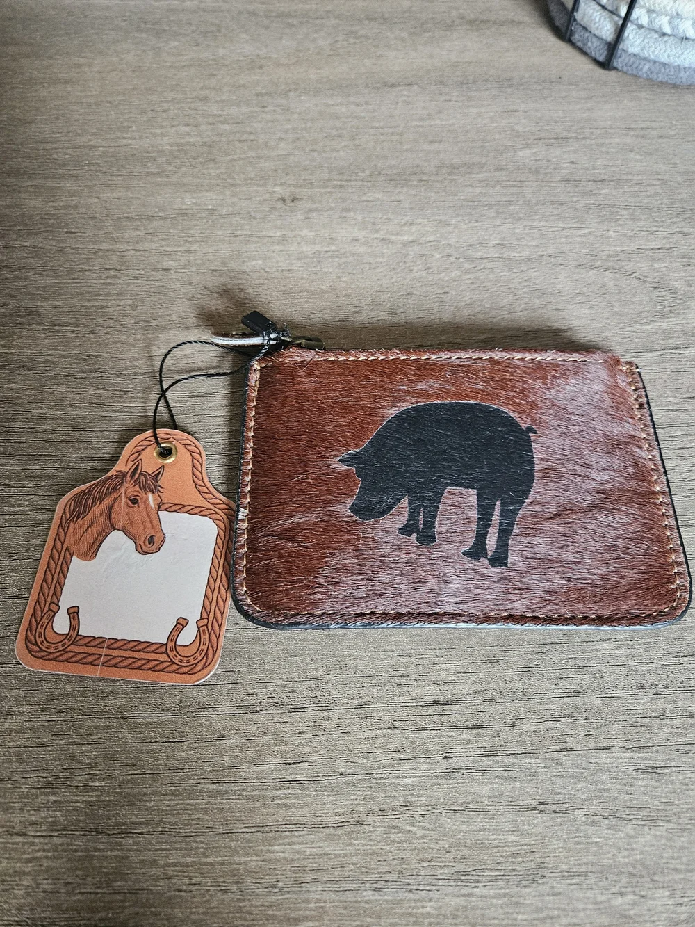 Brown Leather with Cowhide Zip Card Wallet with Black Pig Silhouette-NWT